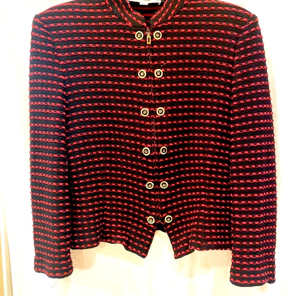 St John Knit Jacket Red Black Gold Zips Size 10